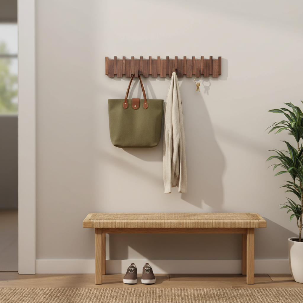 Piano Key Wall Coat Rack – Wood Entryway Hook Rack in Walnut Finish